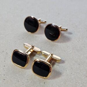 Vtg Gold Tone Black Enamel Cufflinks Set Round and Square Toggle Back 2 Pairs